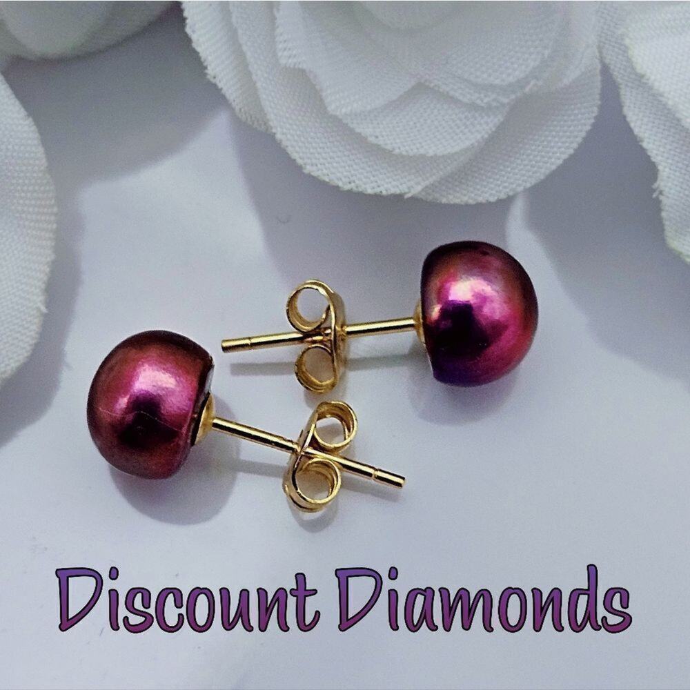 Natural Rose South Sea Pearl Stud (Post) Earrings 8/9 mm Solid 14K Yellow Gold - Picture 3 of 8